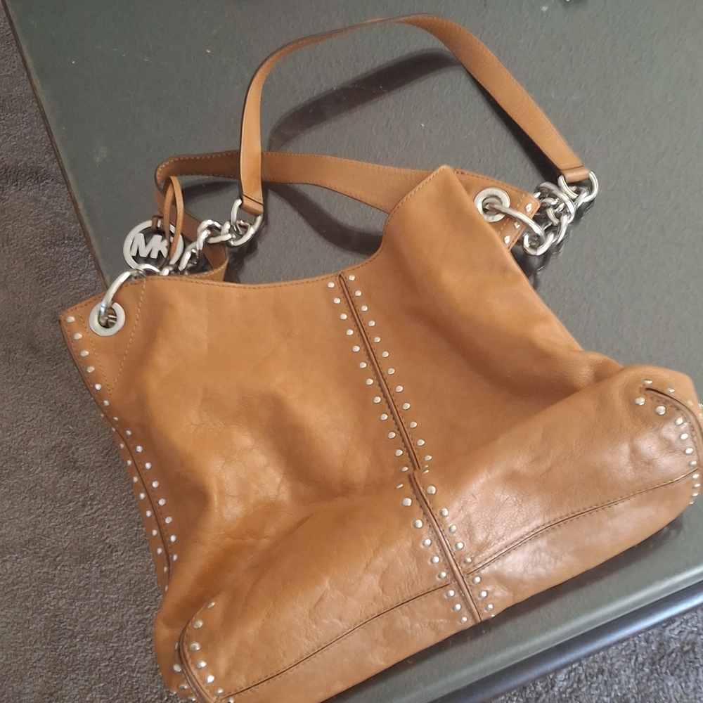Michael Kors Cognac Leather Studded Shoulder Tote